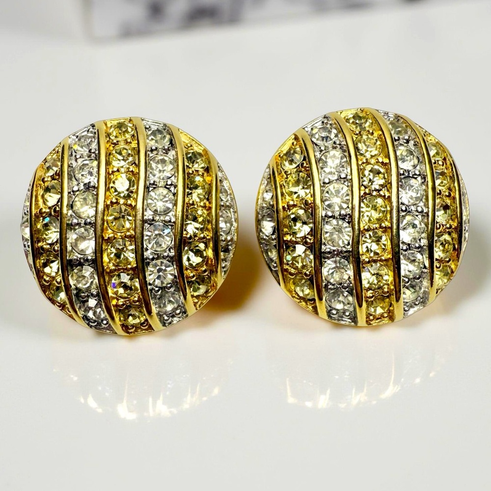 Kenneth Jay Lane Striped Crystal Dome Clip Earrings Gold Silver KJL